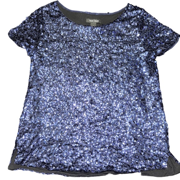 Womens White House Black Market Blouse Sequin Short Sleeve Navy Blue Size M - Picture 2 of 7